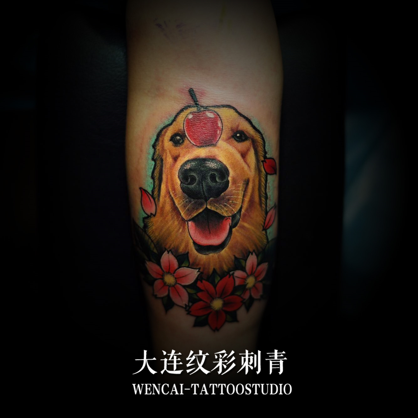 干洗店老板范先生手臂处的可爱拉布拉多纹身图案