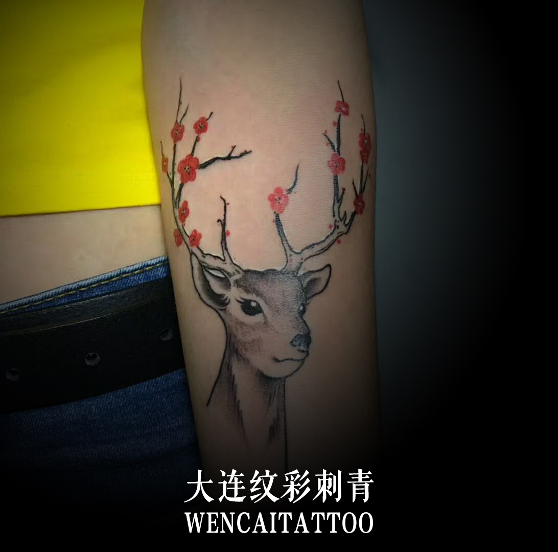 季小姐小臂上的可爱梅花小鹿纹身图案