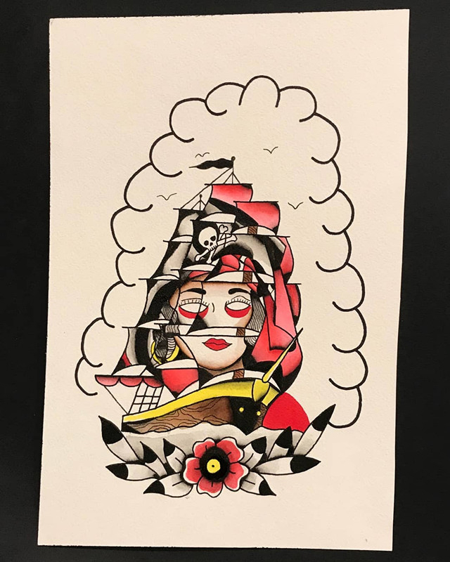 仰先生oldschool美女帆船纹身手稿